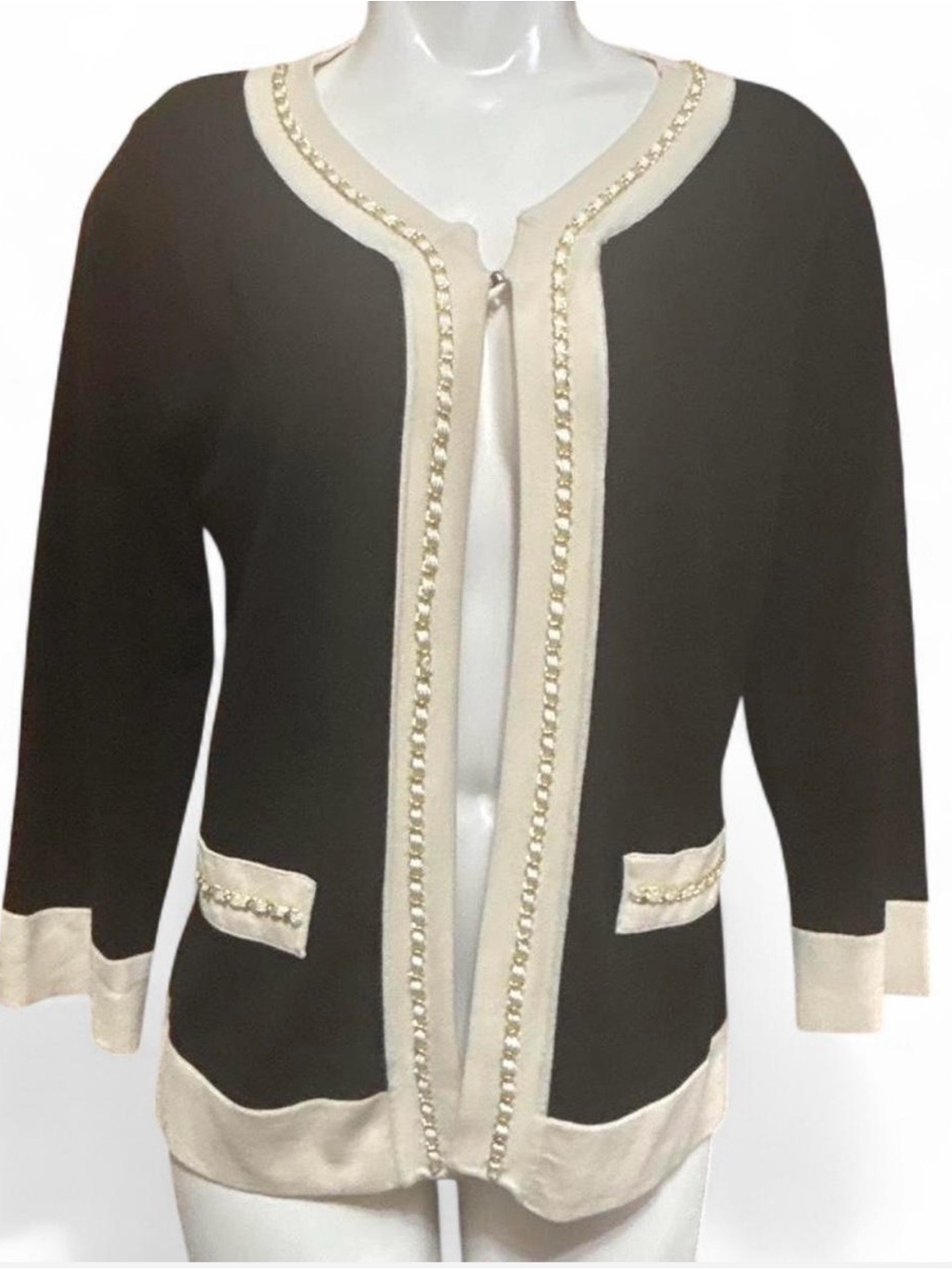August Silk Petite Large Chanel Style Black & Cream Knit Chain Cardigan PL